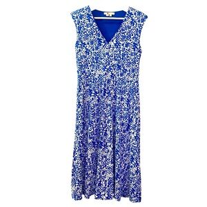 Boden Flowers Jersey Midi Dress Blue White 8R Pockets Sleeveless Business Casual